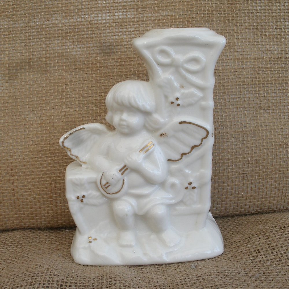Vintage Porcelain Letter J & Angel Candle Holder